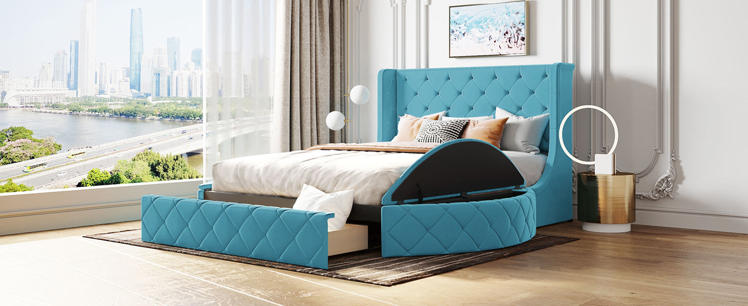 Start2Finish upholstered velvet platform bed with wingback headboard, storage drawer, and side stools in a modern bedroom setup.