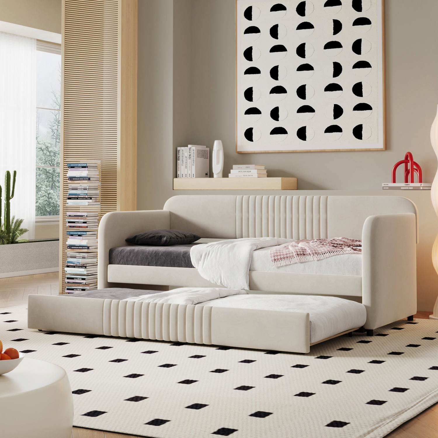 Start2Finish upholstered twin size daybed sofa bed with trundle and wood slat base, featuring plush fabric and sturdy frame.