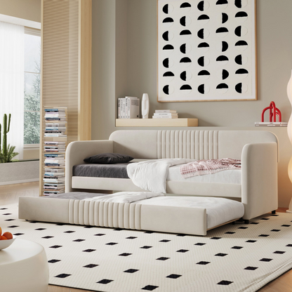 Start2Finish upholstered twin size daybed sofa bed with trundle and wood slat base, featuring plush fabric and sturdy frame.