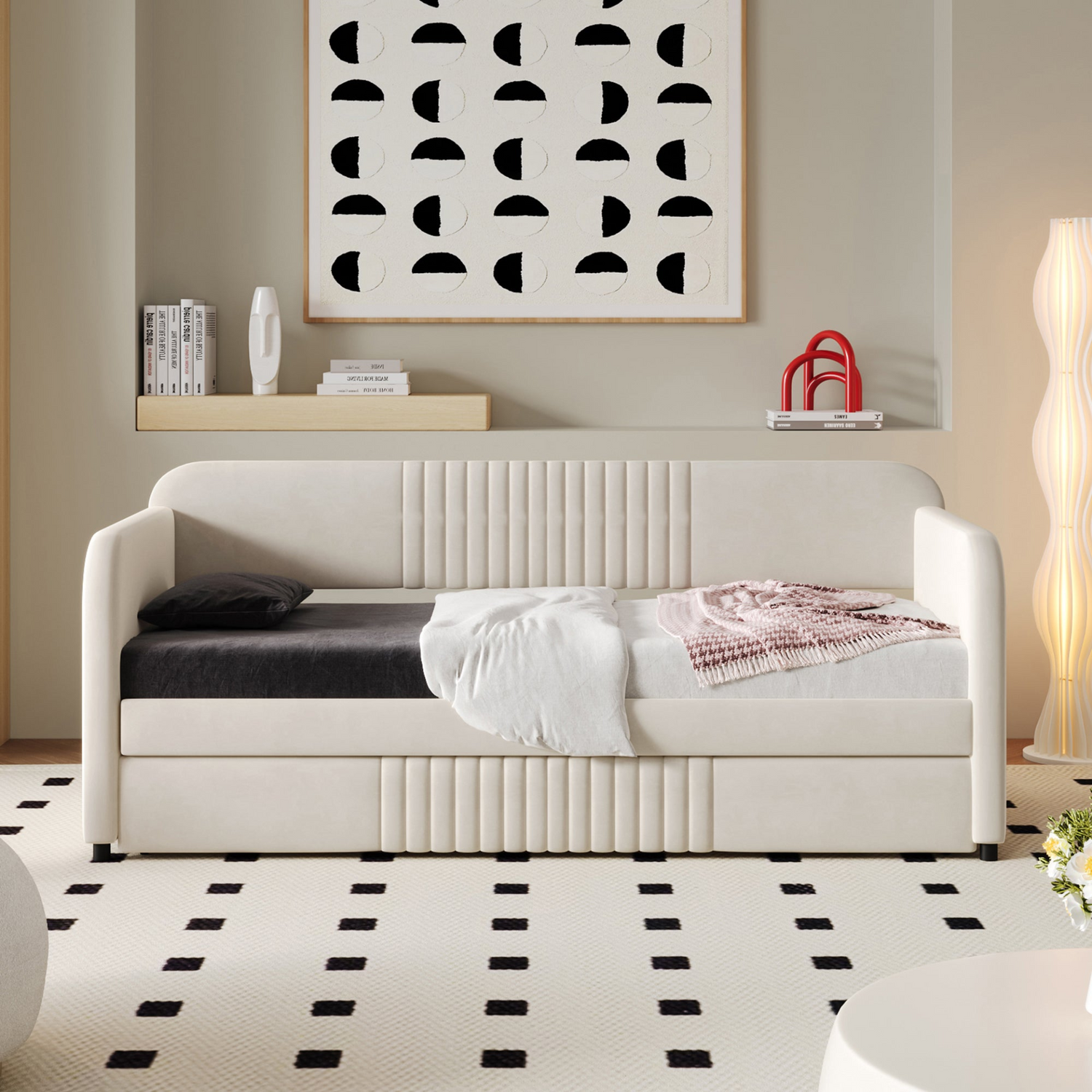 Start2Finish upholstered twin size daybed sofa bed with trundle and wood slat base, shown with cushions and wooden frame.