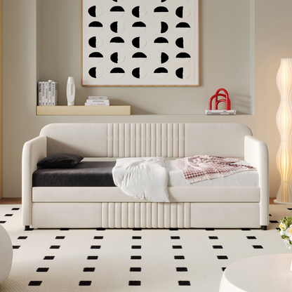 Start2Finish upholstered twin size daybed sofa bed with trundle and wood slat base, shown with cushions and wooden frame.