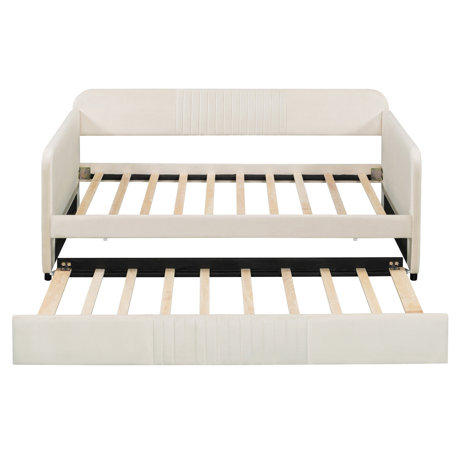 Start2Finish upholstered twin size daybed sofa bed with trundle and wood slat base, featuring soft fabric upholstery and sturdy frame.