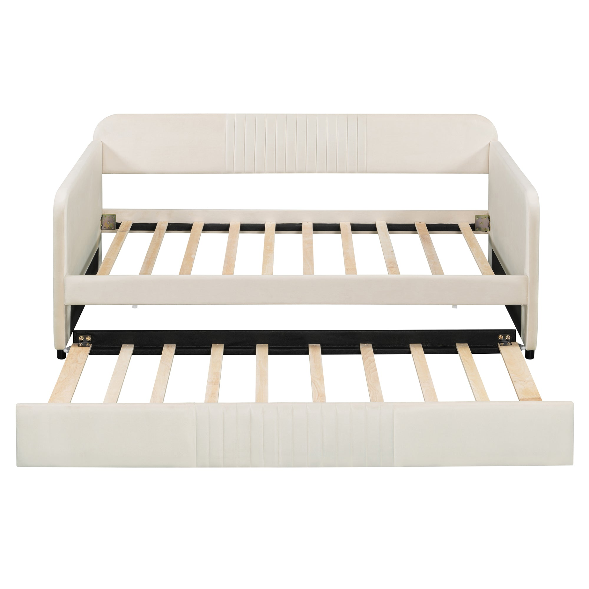 Start2Finish upholstered twin size daybed sofa bed with trundle and wood slat base, featuring soft fabric upholstery and sturdy frame.