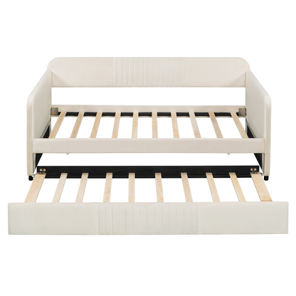 Start2Finish upholstered twin size daybed sofa bed with trundle and wood slat base, featuring soft fabric upholstery and sturdy frame.