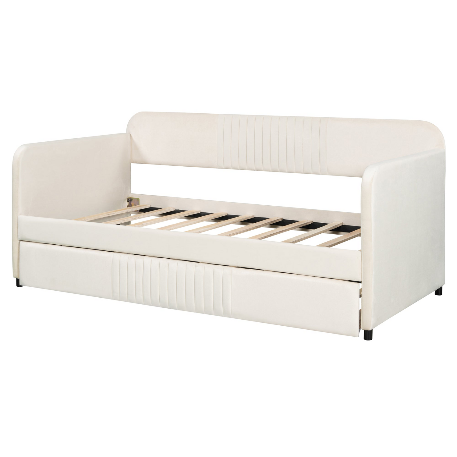 Start2Finish twin size upholstered daybed sofa bed with trundle and wood slat base, showing the fabric-covered frame and wooden support slats.