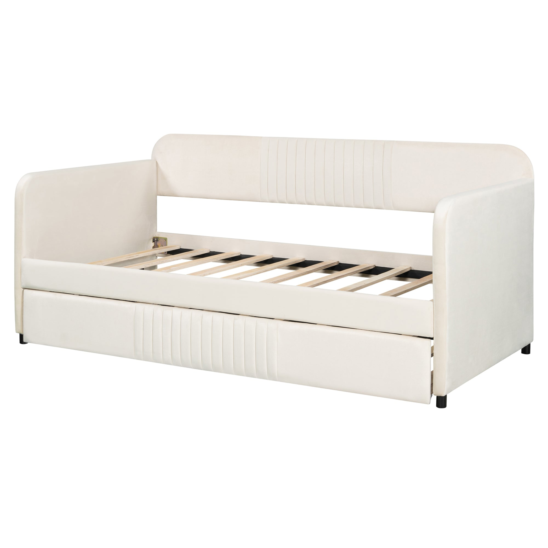 Start2Finish twin size upholstered daybed sofa bed with trundle and wood slat base, showing the fabric-covered frame and wooden support slats.