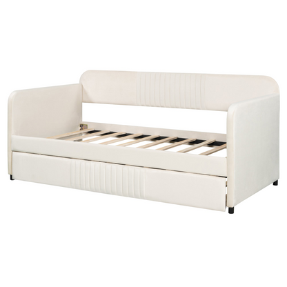 Start2Finish twin size upholstered daybed sofa bed with trundle and wood slat base, showing the fabric-covered frame and wooden support slats.