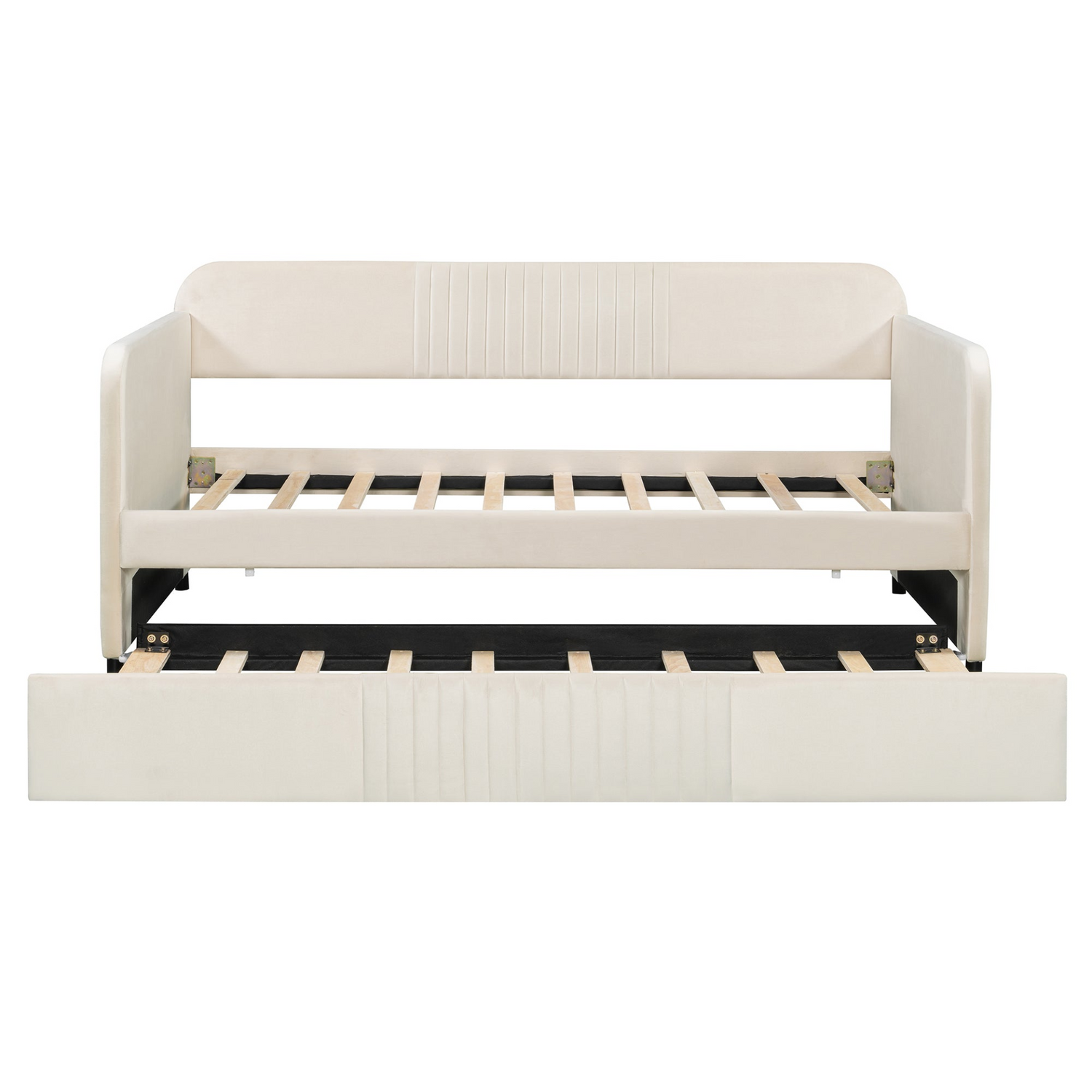 Start2Finish twin size upholstered daybed sofa bed with trundle and wood slat base, showcasing its stylish and functional design.