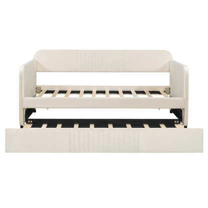 Start2Finish twin size upholstered daybed sofa bed with trundle and wood slat base, showcasing its stylish and functional design.