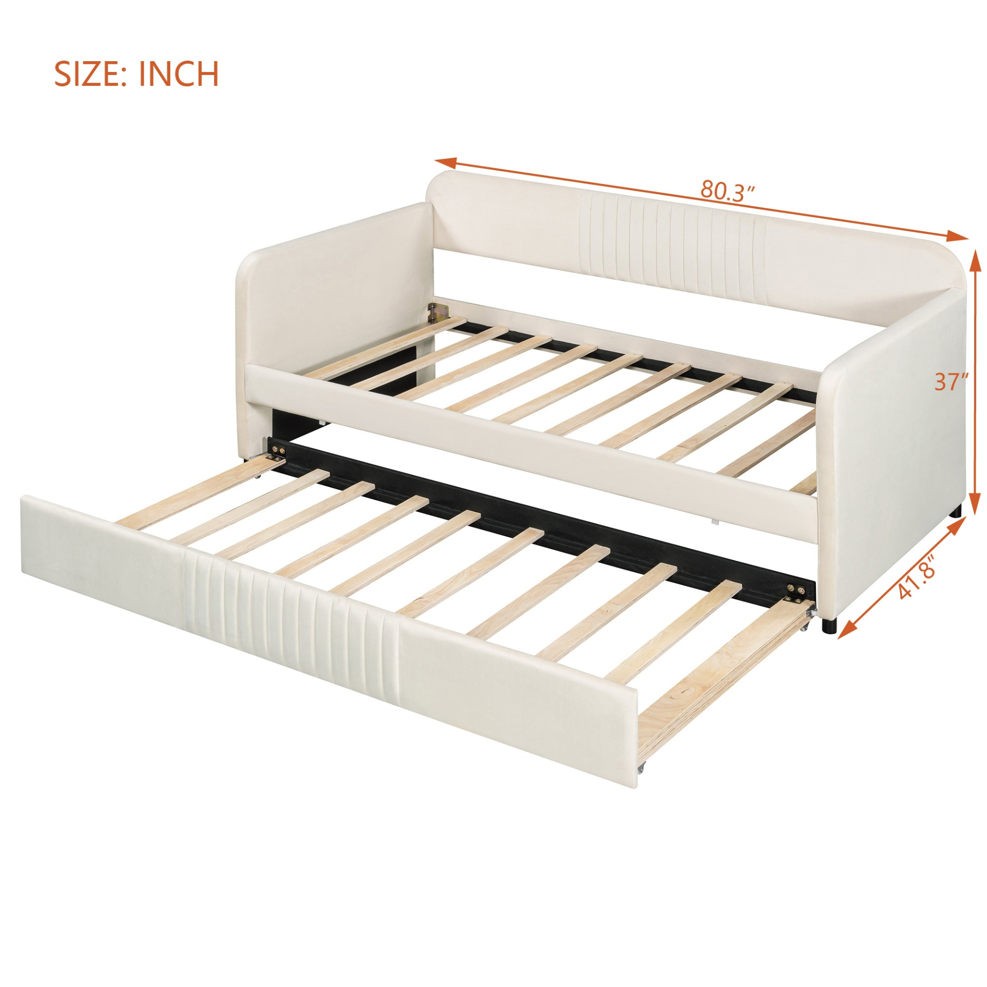 Start2Finish upholstered twin size daybed sofa bed with trundle and wood slat base, featuring plush fabric and sturdy frame.