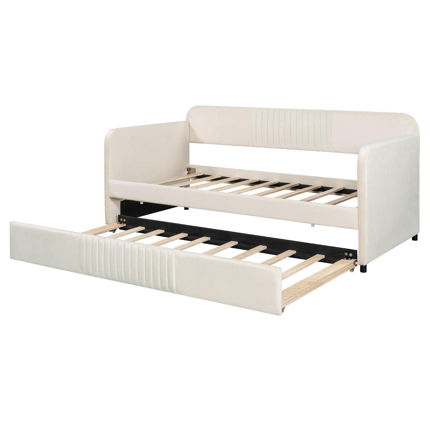 Start2Finish upholstered twin size daybed sofa bed with trundle and wood slat base, featuring plush fabric and sturdy frame.