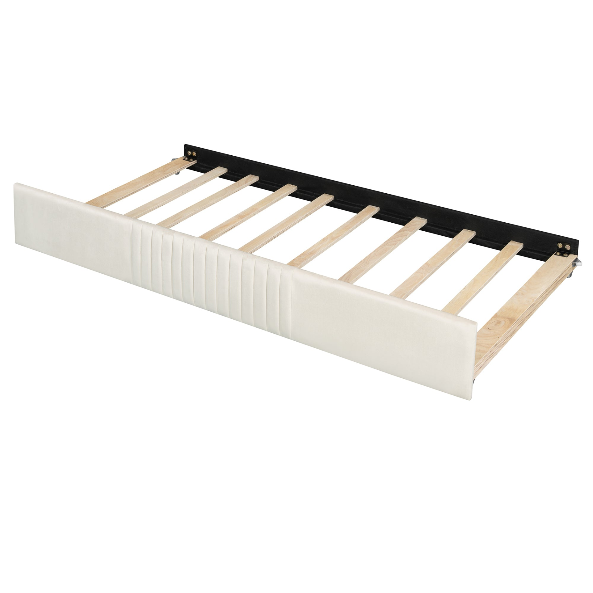 Start2Finish upholstered twin size daybed sofa bed with trundle and wood slat base, showcasing plush fabric and sturdy frame.