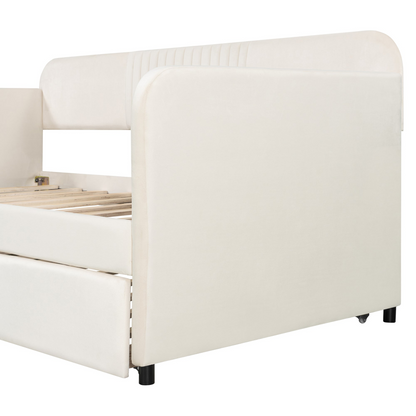 Start2Finish upholstered twin size daybed sofa bed with trundle and wood slat base, showing plush fabric and sturdy frame.