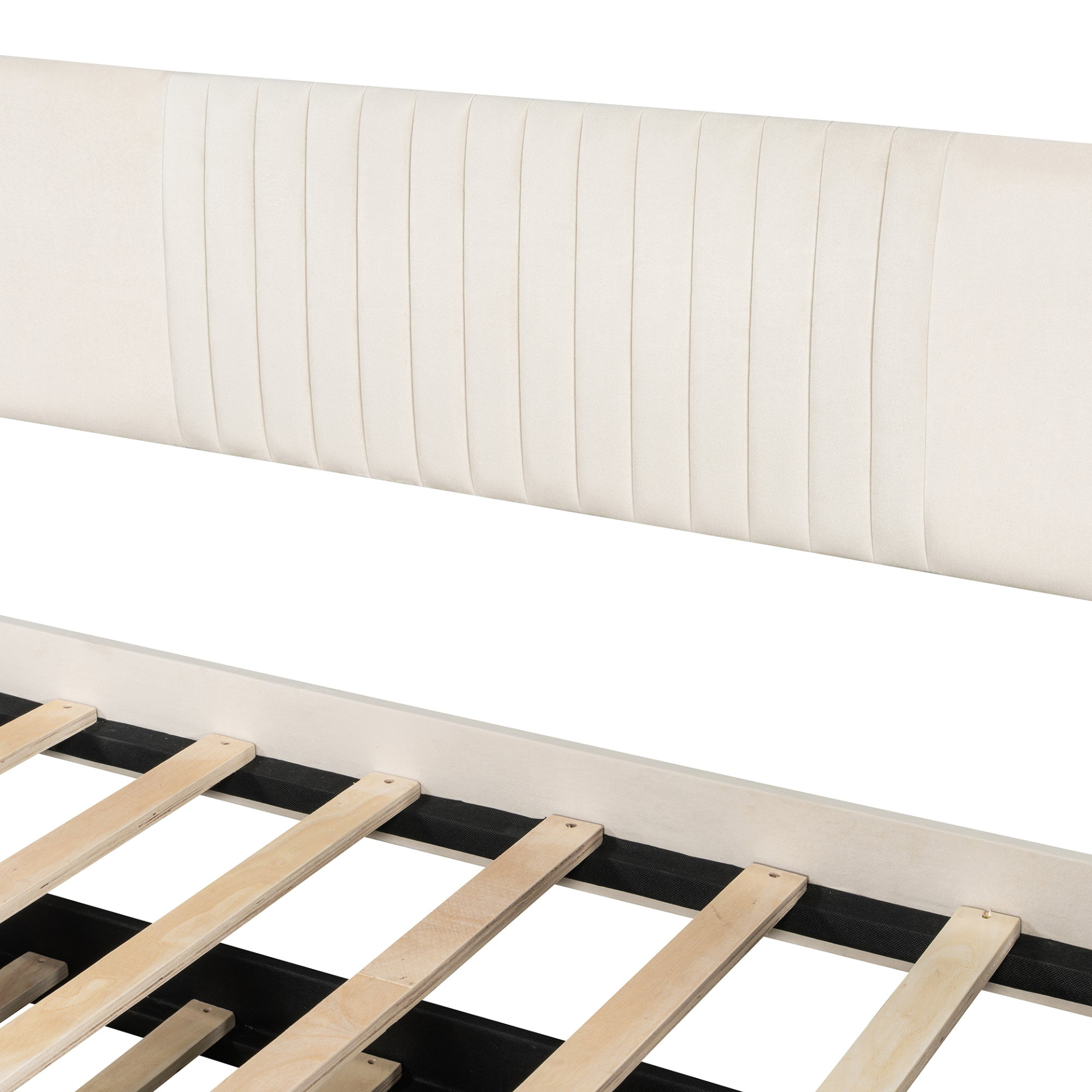 Start2Finish twin size upholstered daybed sofa bed with trundle and wood slat base, shown with neutral fabric and wooden frame.