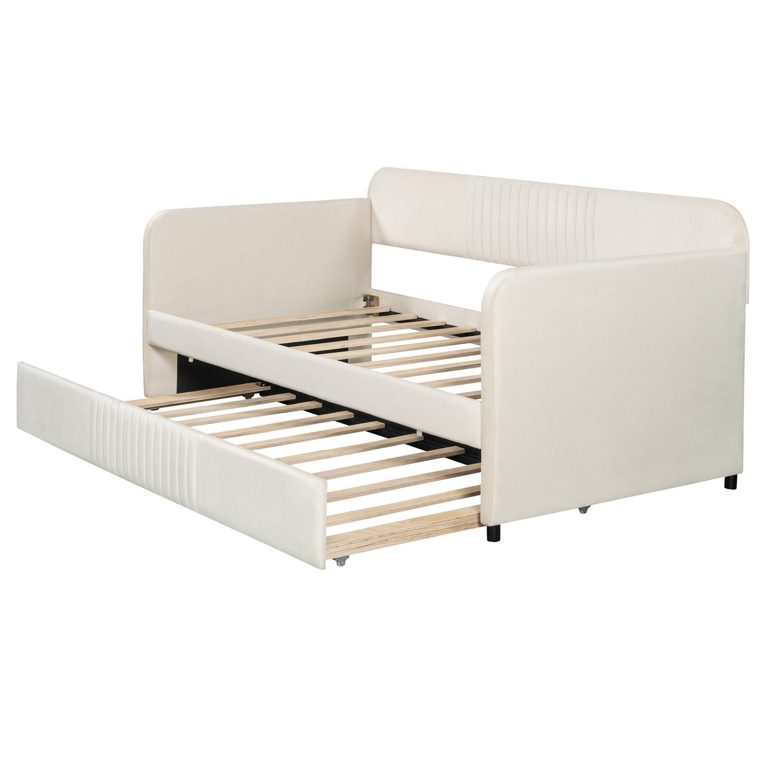 Start2Finish twin size upholstered daybed sofa bed with trundle and wood slat base, ideal for versatile living spaces.