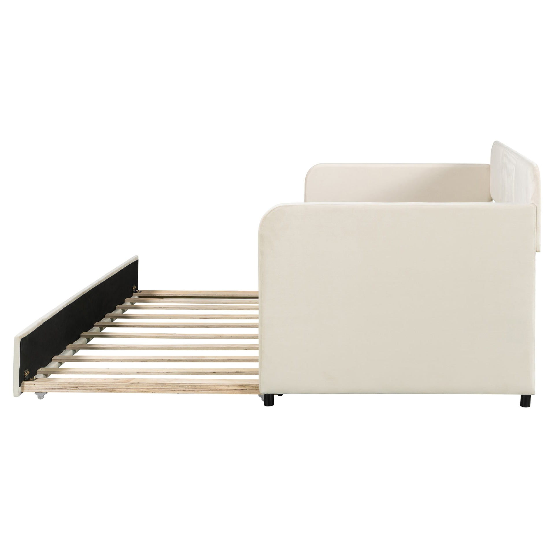 Start2Finish twin size upholstered daybed sofa bed with trundle and wood slat base, featuring plush fabric and modern design.