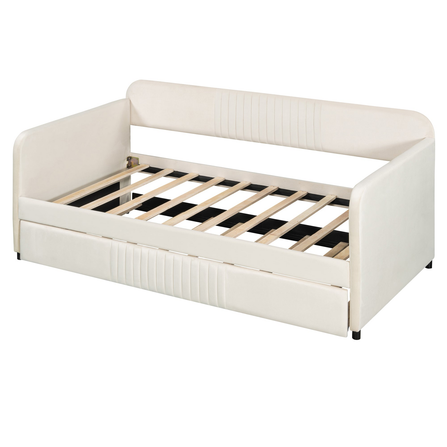 Start2Finish twin size upholstered daybed sofa bed with trundle and wood slat base, featuring plush fabric and wooden frame.