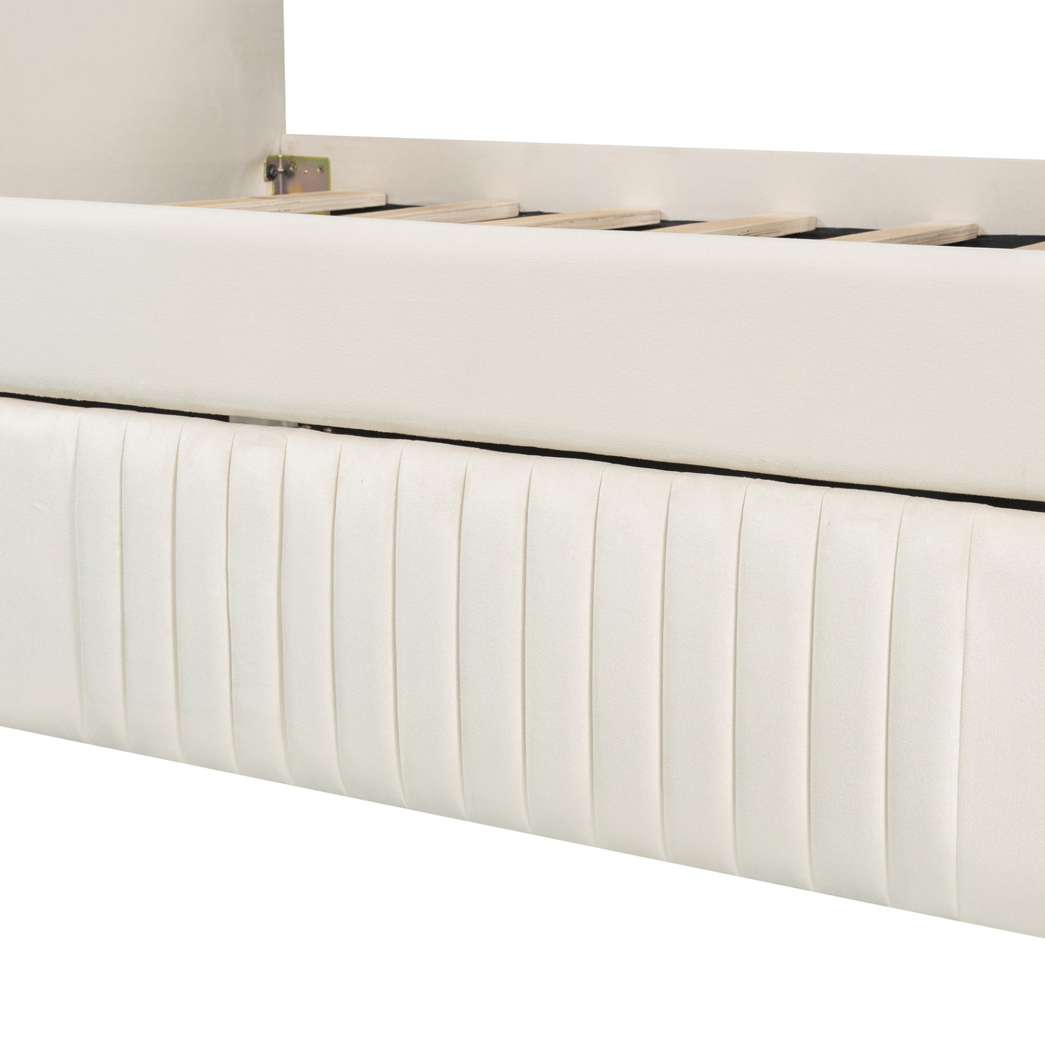 Start2Finish upholstered twin daybed sofa bed with trundle and wooden slat base, shown with beige fabric and sturdy frame