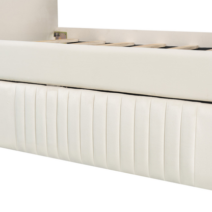 Start2Finish upholstered twin daybed sofa bed with trundle and wooden slat base, shown with beige fabric and sturdy frame