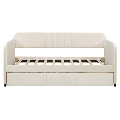 Start2Finish twin size upholstered daybed sofa bed with trundle and wood slat base, featuring a modern design and plush fabric.