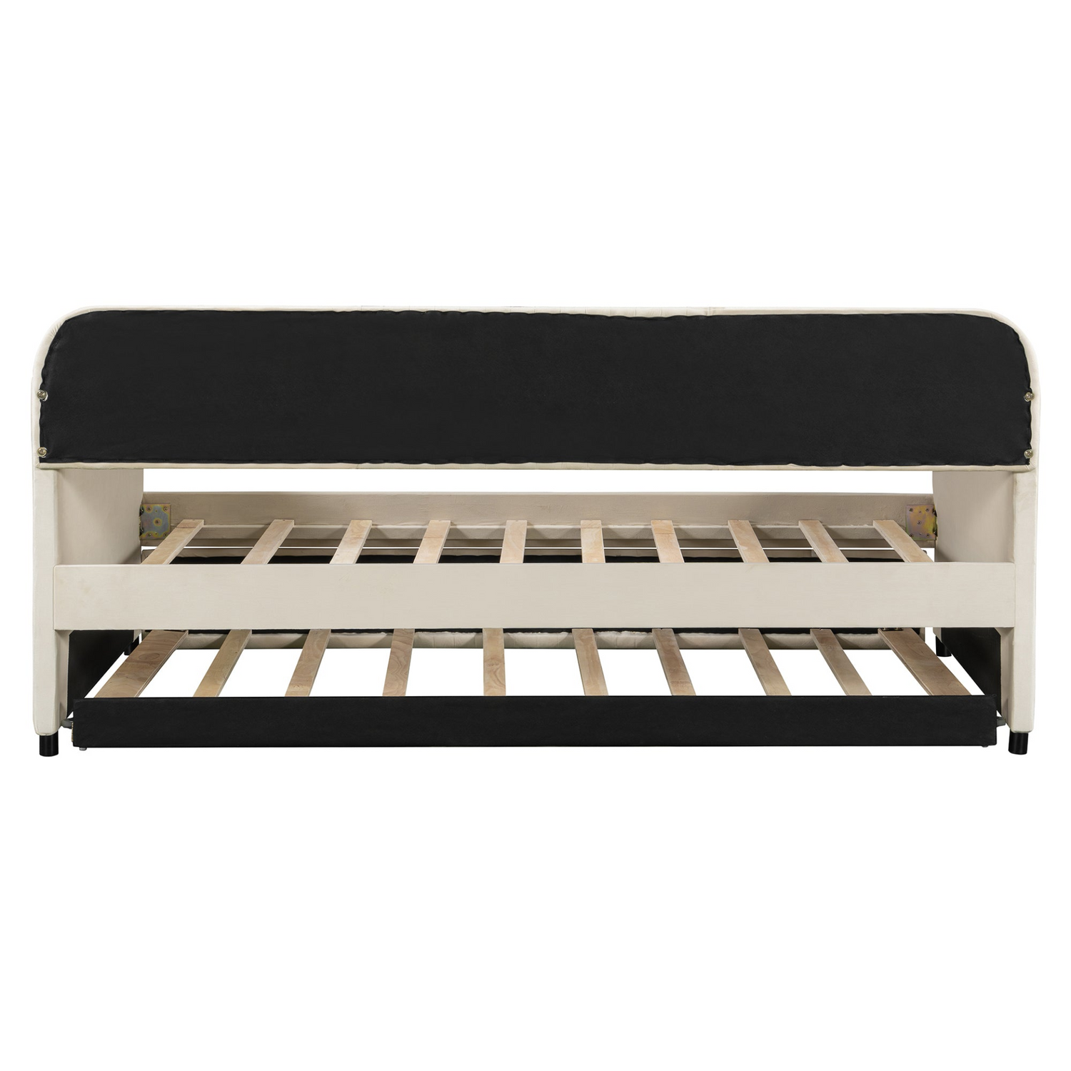 Start2Finish twin size upholstered daybed sofa bed with trundle and wood slat base, shown with cushions and frame.