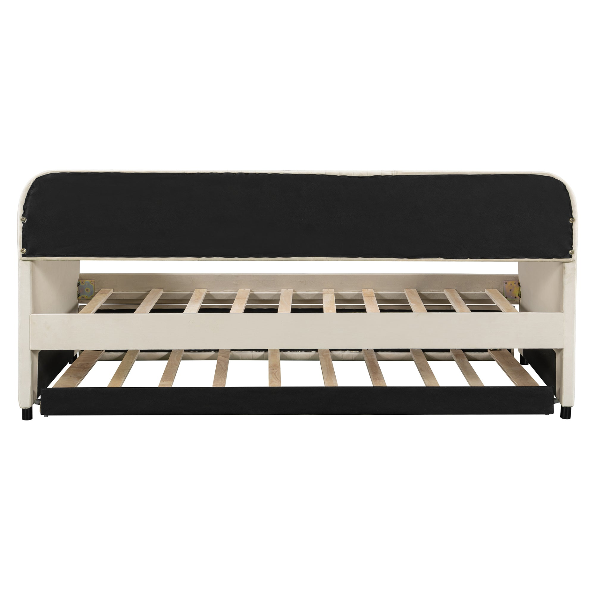 Start2Finish twin size upholstered daybed sofa bed with trundle and wood slat base, shown with cushions and frame.
