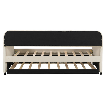 Start2Finish twin size upholstered daybed sofa bed with trundle and wood slat base, shown with cushions and frame.