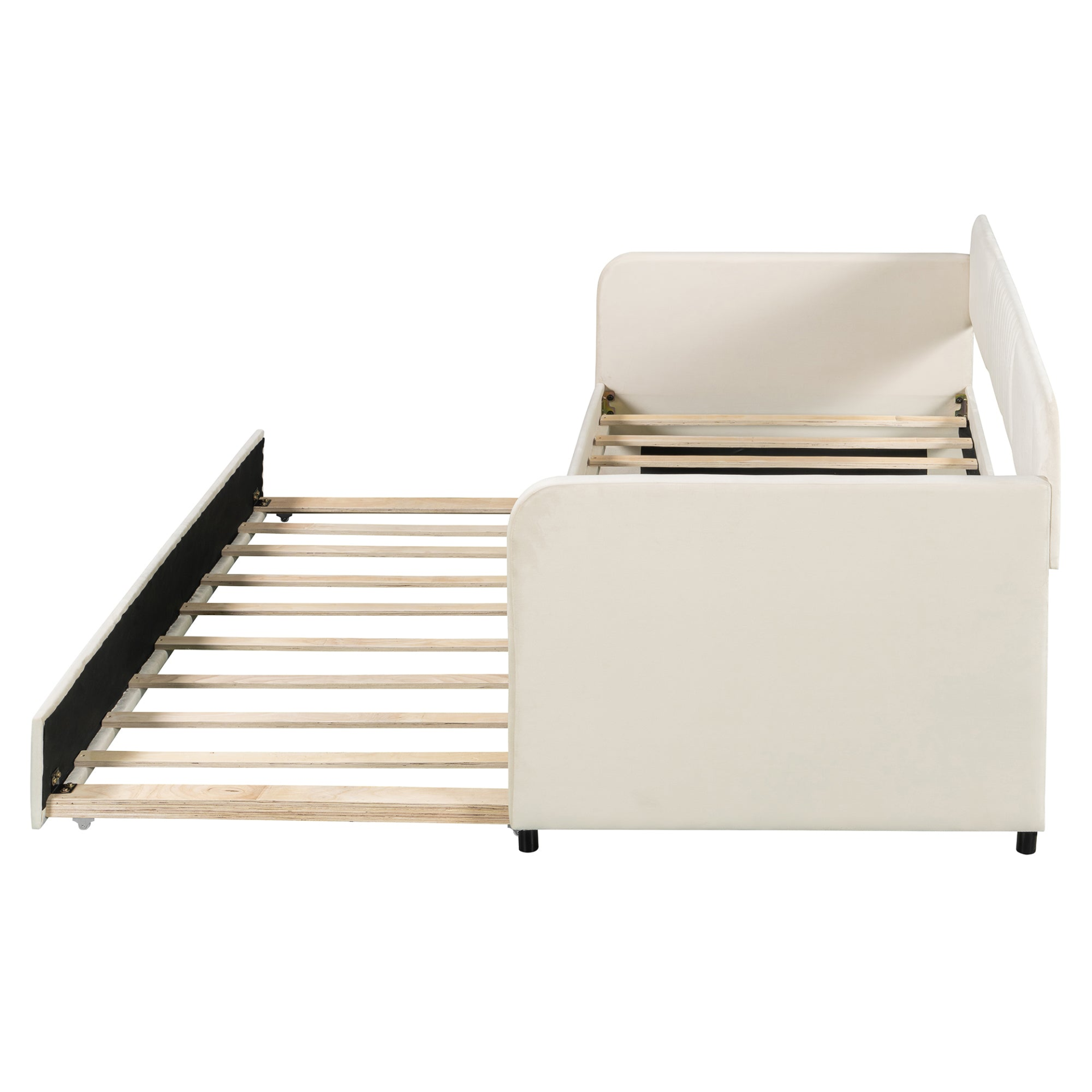 Start2Finish twin size upholstered daybed sofa bed with trundle and wood slat base, shown with cushions and wooden frame.