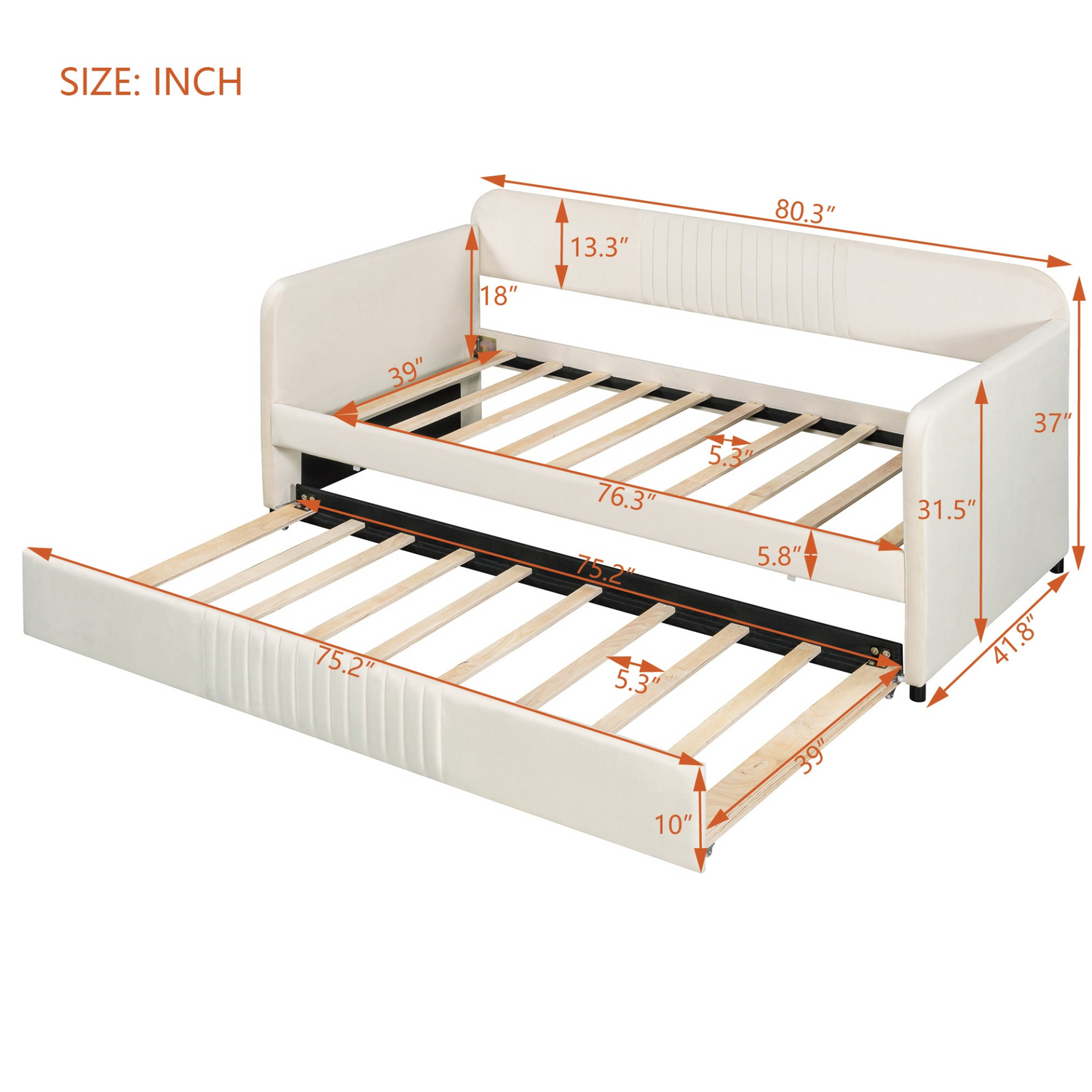 Start2Finish twin size upholstered daybed sofa bed with trundle and wood slat base, shown with plush fabric and wooden frame.