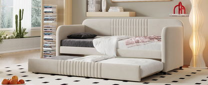 Start2Finish upholstered twin size daybed sofa bed with trundle and wood slat base, featuring plush fabric and modern design.