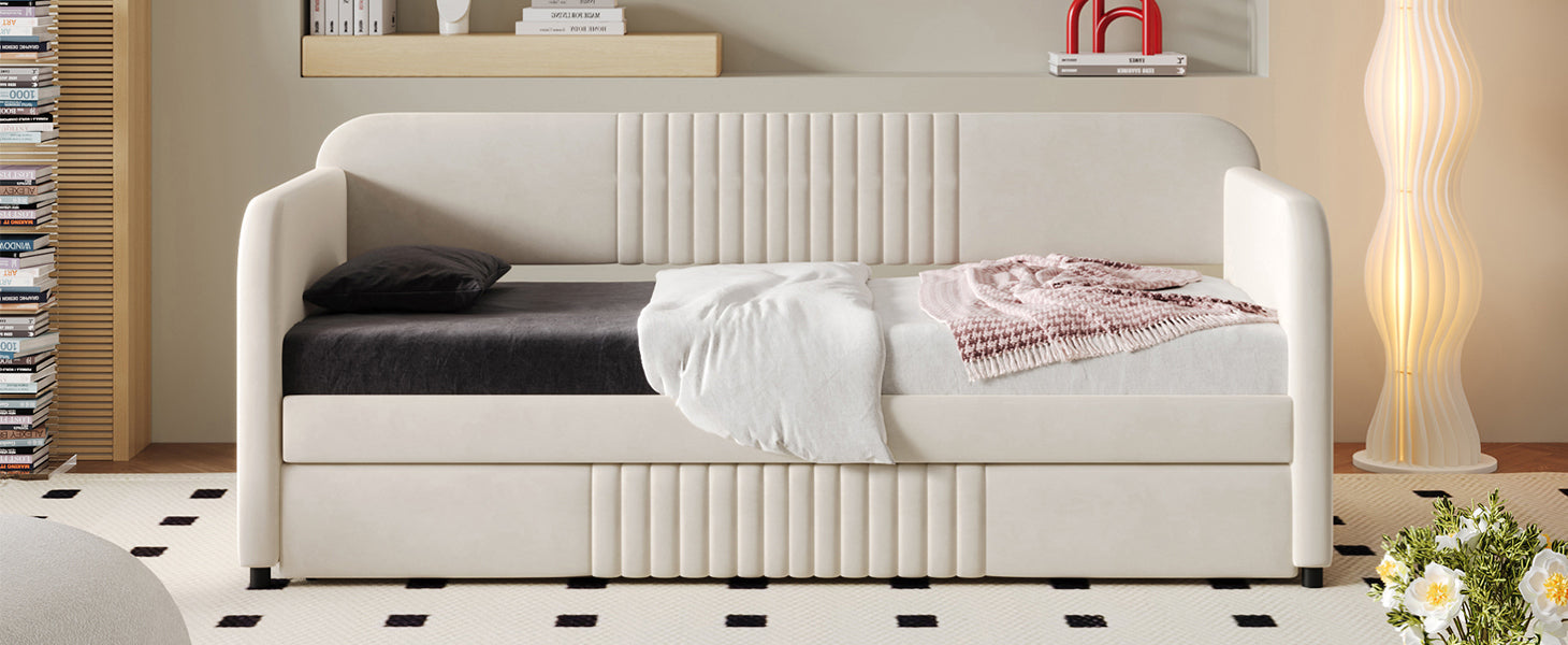 Start2Finish upholstered twin size daybed sofa bed with trundle and wood slat base, featuring plush fabric and wooden legs.