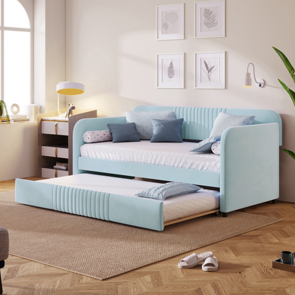 Start2Finish twin size upholstered daybed sofa bed with trundle and wood slat base, shown with gray fabric and wooden frame