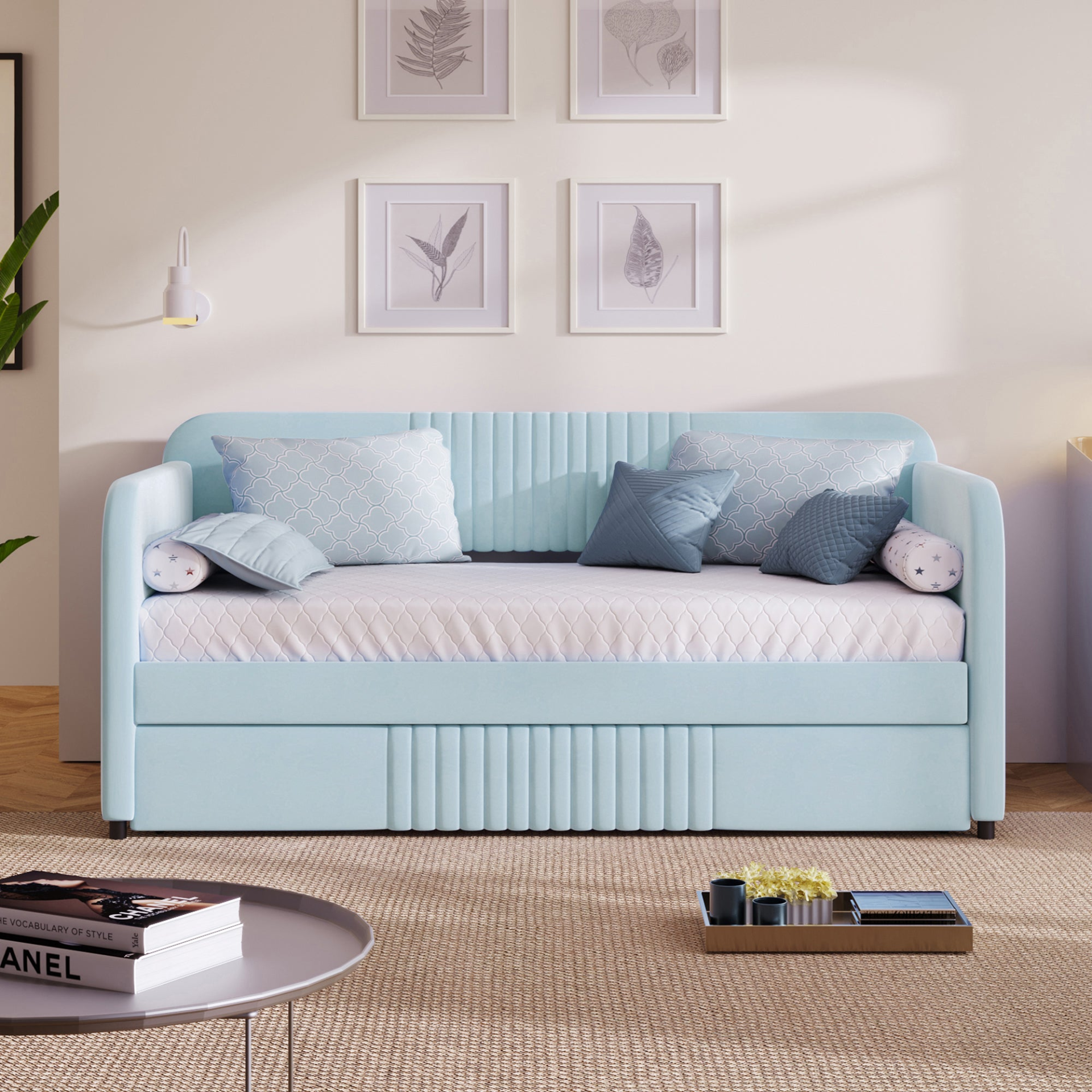 Start2Finish twin size upholstered daybed sofa bed with trundle and wood slat base, showing plush fabric and wooden frame.