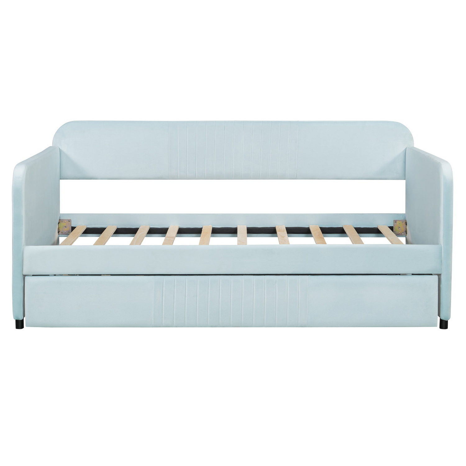 Start2Finish twin size upholstered daybed sofa bed with trundle and wood slat base, showing plush fabric and sturdy frame.