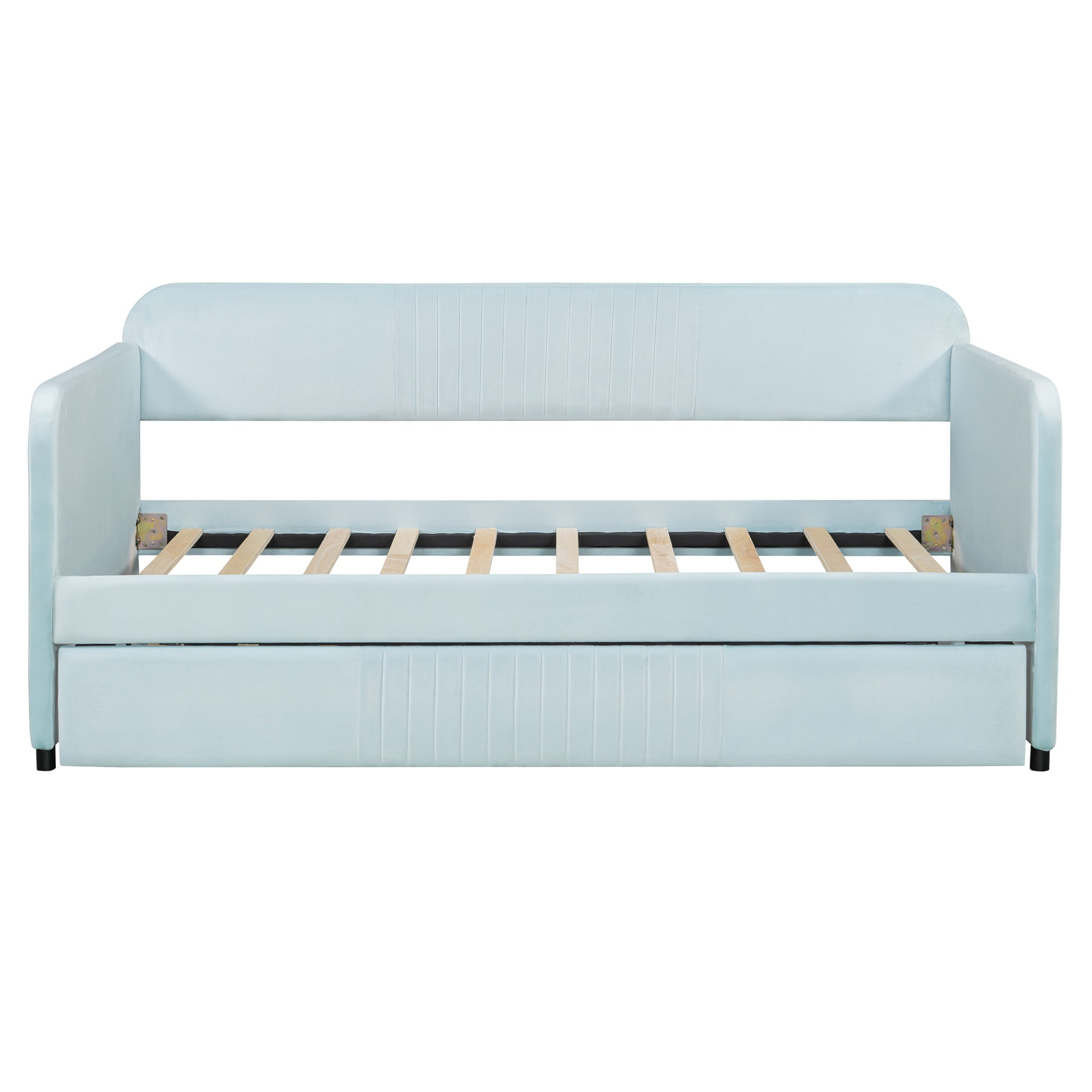Start2Finish twin size upholstered daybed sofa bed with trundle and wood slat base, showing plush fabric and sturdy frame.
