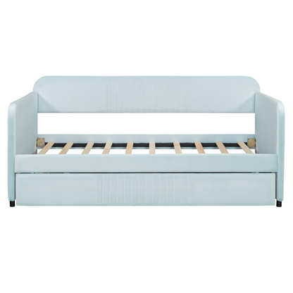 Start2Finish twin size upholstered daybed sofa bed with trundle and wood slat base, showing plush fabric and sturdy frame.