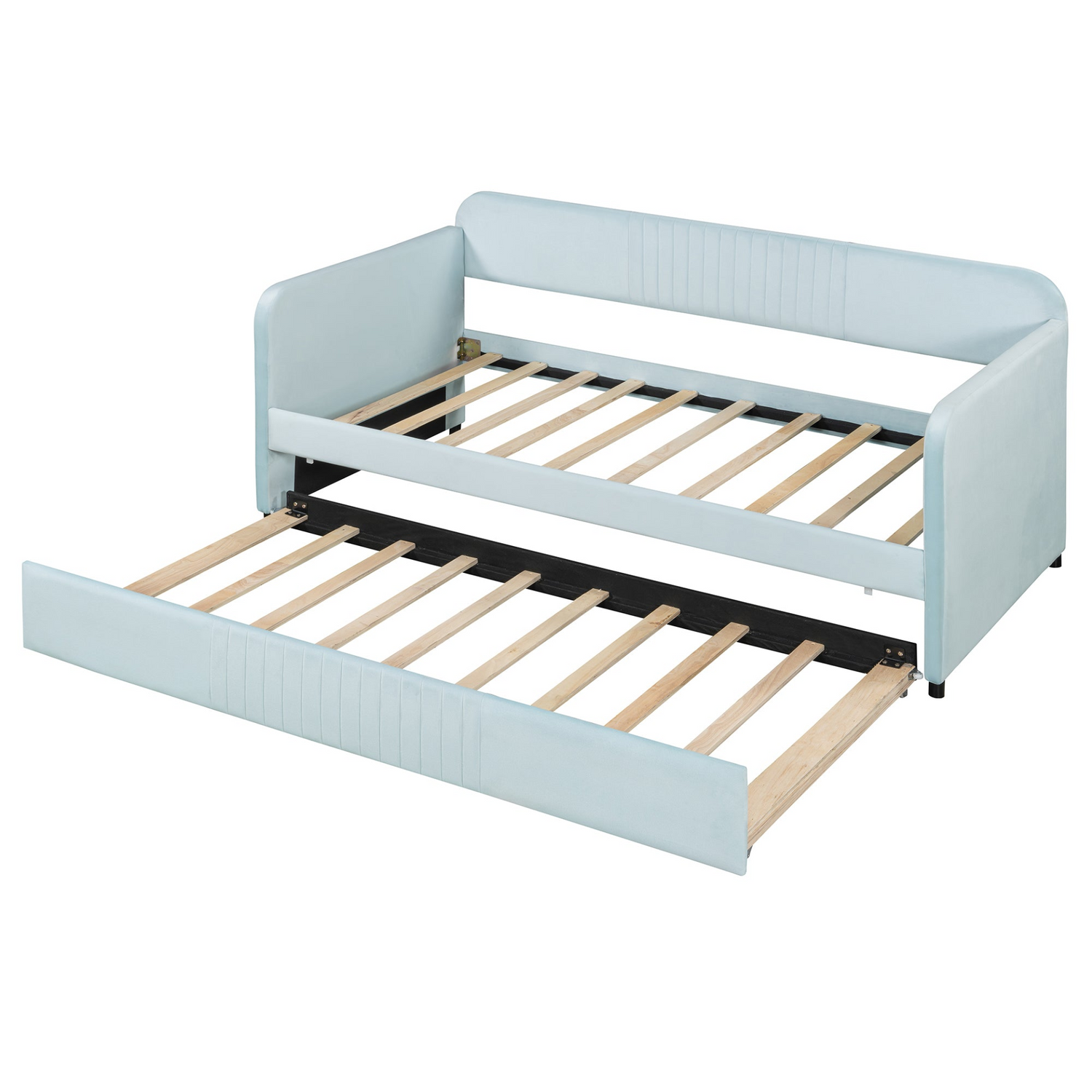 Start2Finish twin size upholstered daybed sofa bed with trundle and wood slat base, featuring plush fabric and sturdy frame.