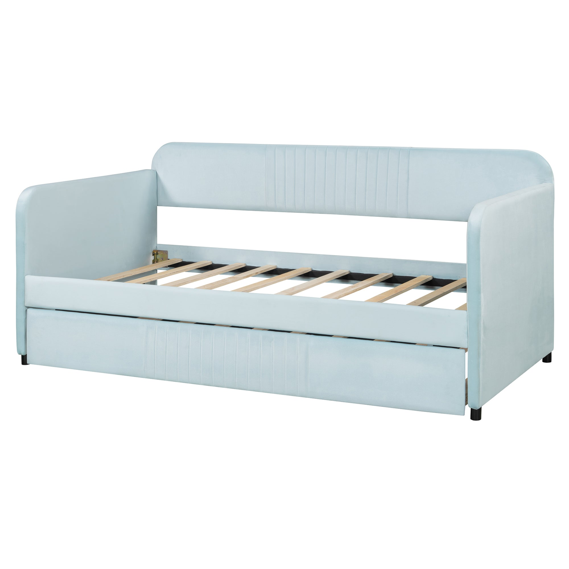 Start2Finish twin size upholstered daybed sofa bed with trundle and wooden slat base, shown with plush cushions and modern design.