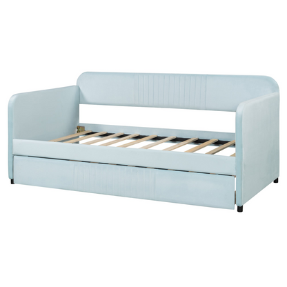 Start2Finish twin size upholstered daybed sofa bed with trundle and wooden slat base, shown with plush cushions and modern design.