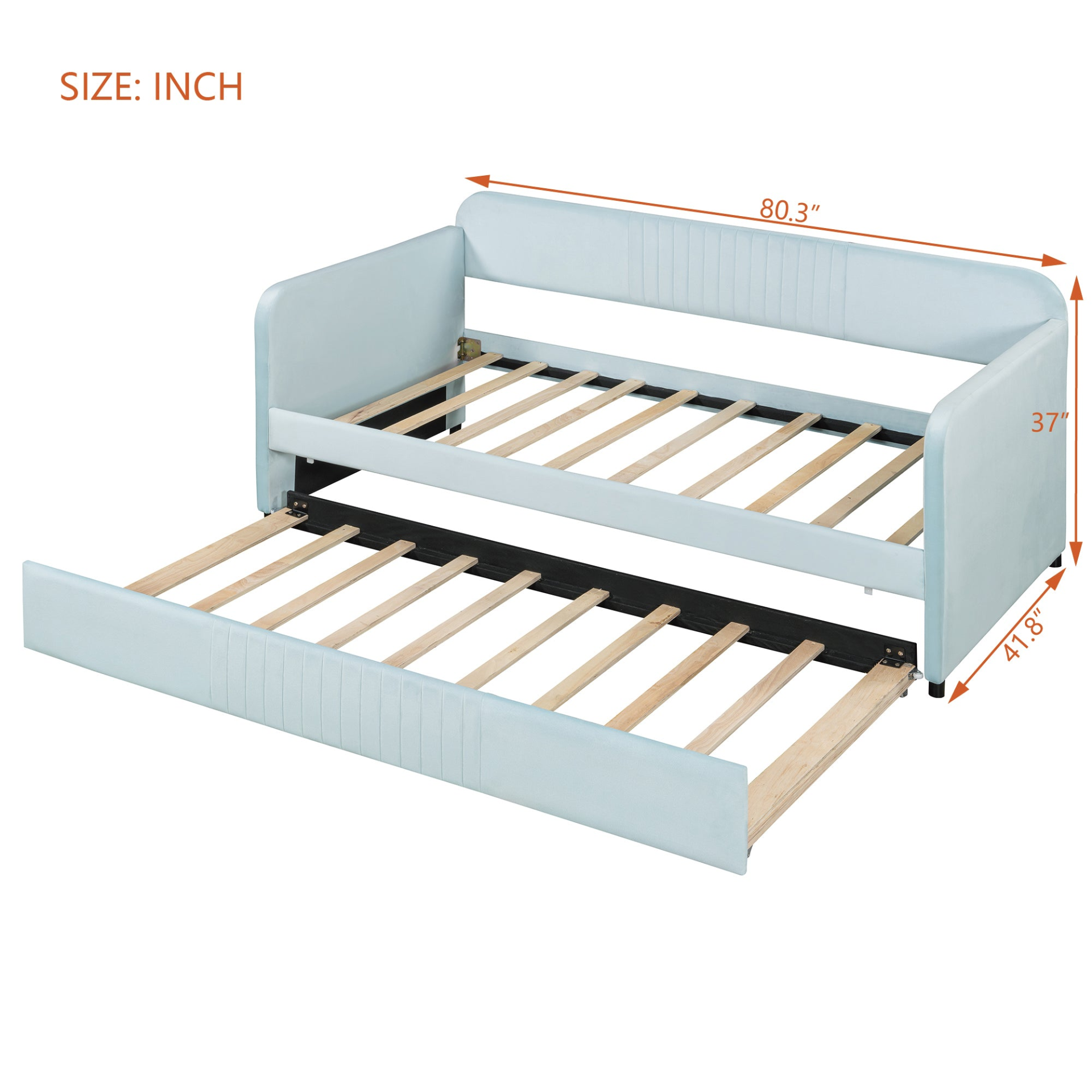 Start2Finish upholstered twin size daybed sofa bed with trundle and wood slat base, featuring a plush fabric and sturdy wooden frame.