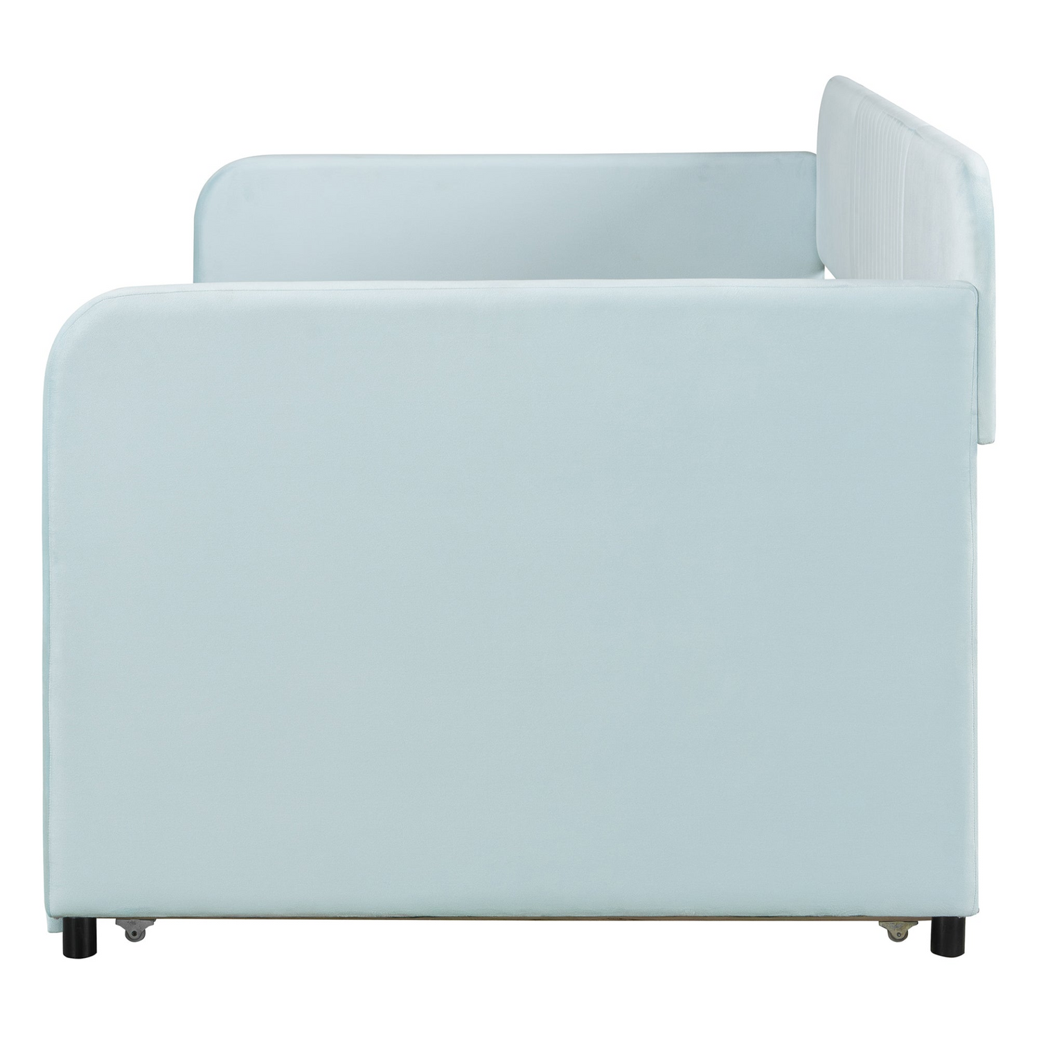 Start2Finish twin size upholstered daybed sofa bed with trundle and wood slat base, shown in a cozy living room setting