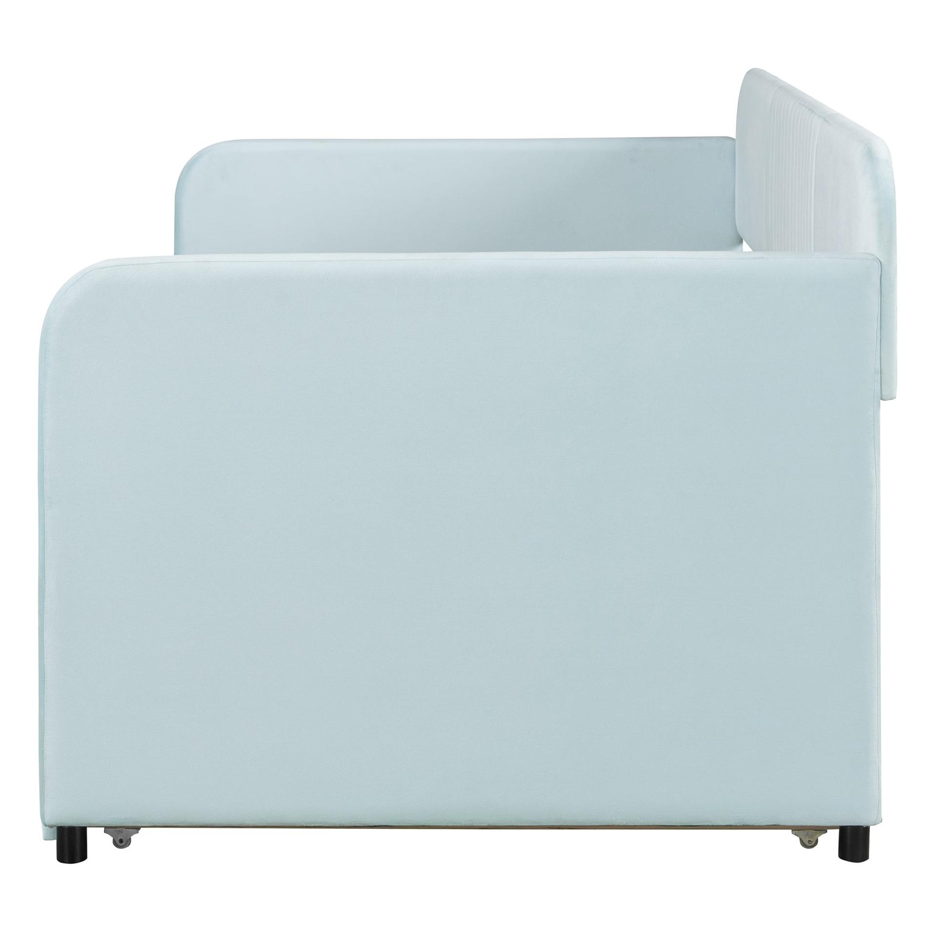 Start2Finish twin size upholstered daybed sofa bed with trundle and wood slat base, shown in a cozy living room setting