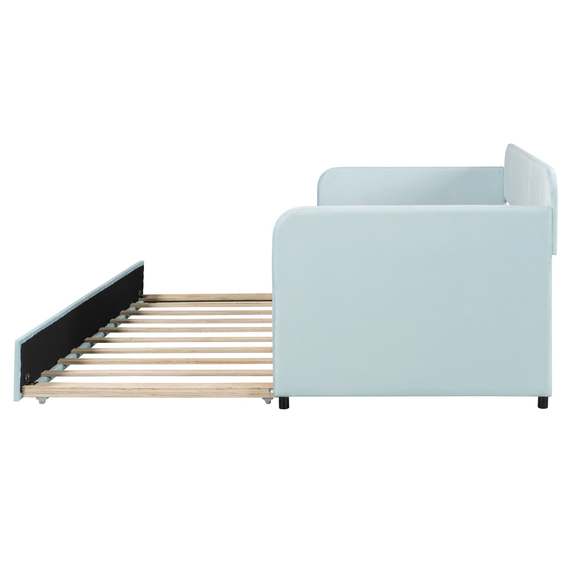 Start2Finish upholstered twin size daybed sofa bed with trundle and wood slat base, featuring plush fabric and a sturdy frame
