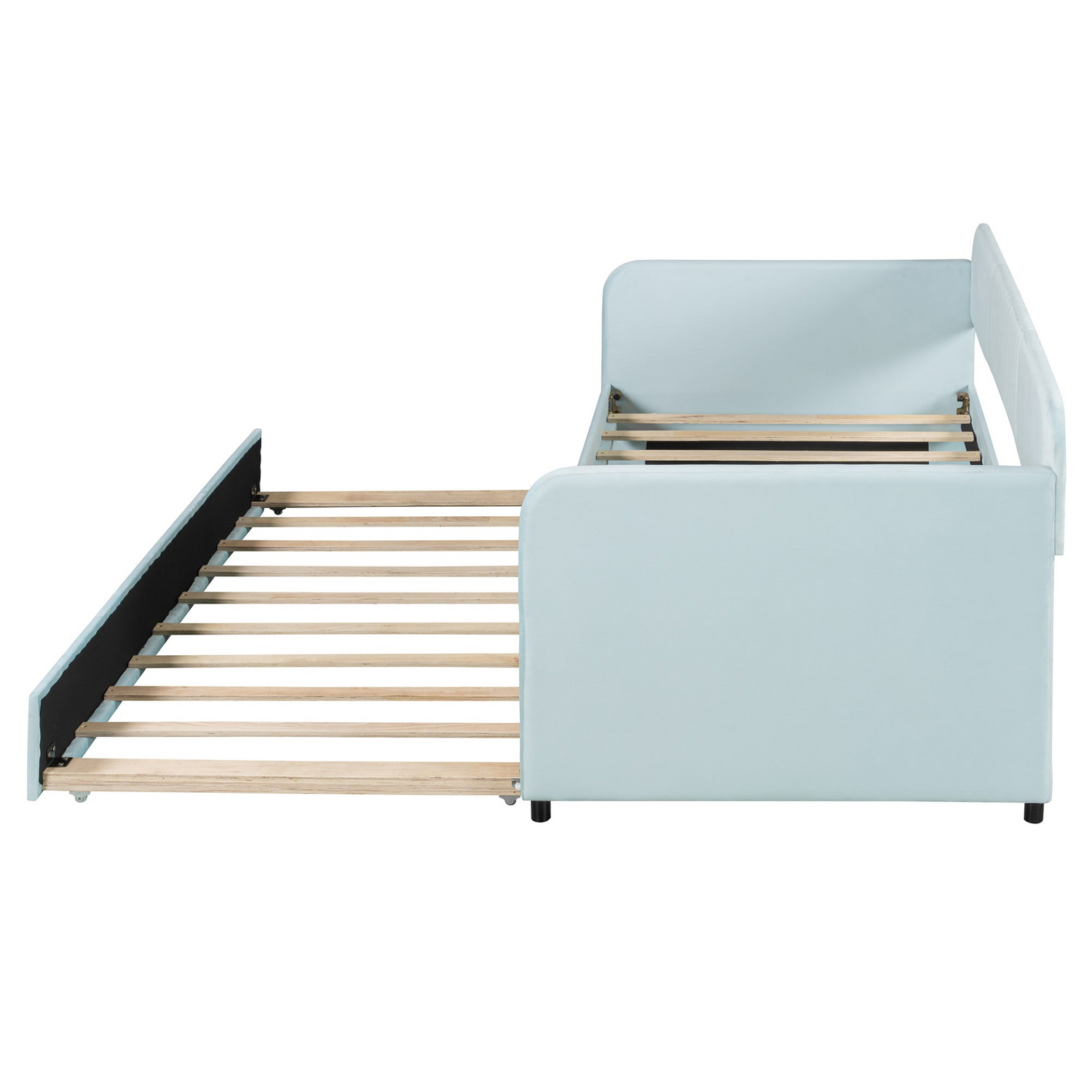 Start2Finish upholstered twin-size daybed sofa bed with trundle and wood slat base, featuring plush fabric and sturdy frame.