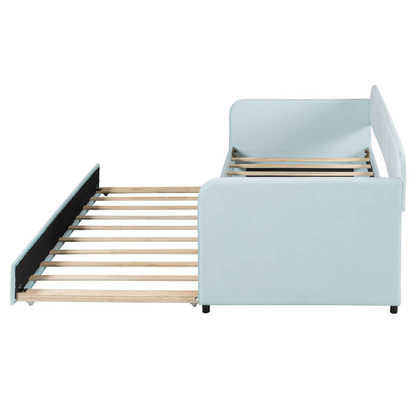 Start2Finish upholstered twin-size daybed sofa bed with trundle and wood slat base, featuring plush fabric and sturdy frame.