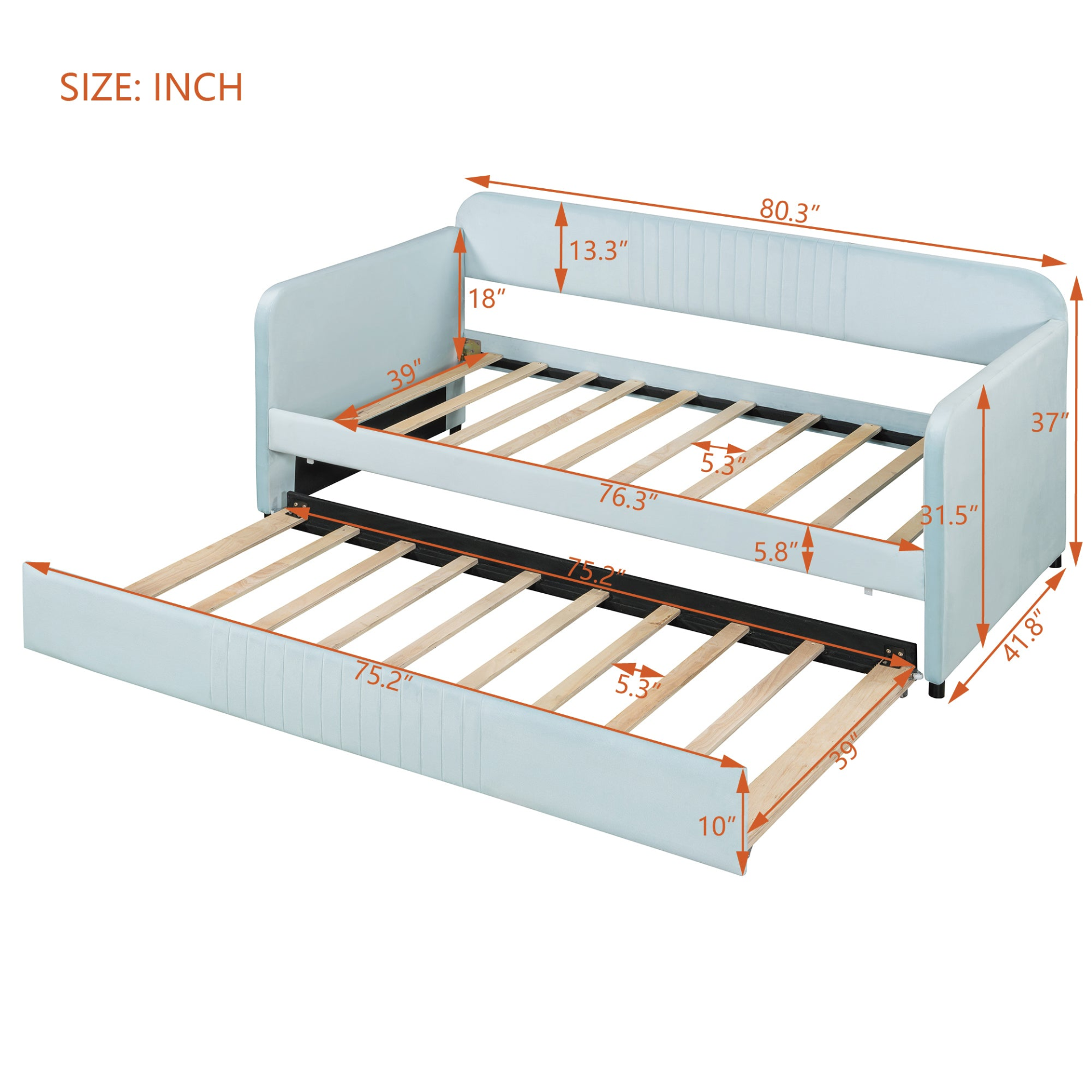 Start2Finish twin size upholstered daybed sofa bed with trundle and wood slat base, showcasing its comfortable fabric and sturdy frame.