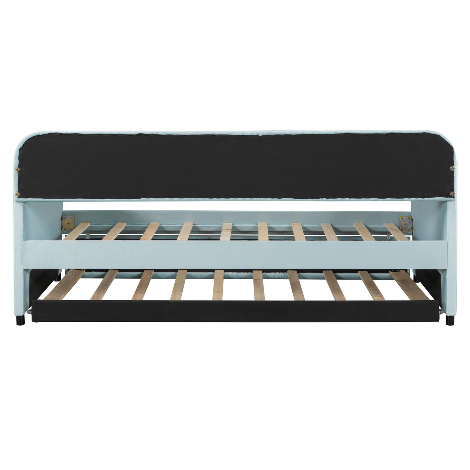 Start2Finish twin size upholstered daybed sofa bed with trundle and wood slat base, featuring plush fabric and modern design.