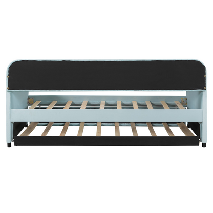 Start2Finish twin size upholstered daybed sofa bed with trundle and wood slat base, featuring plush fabric and modern design.