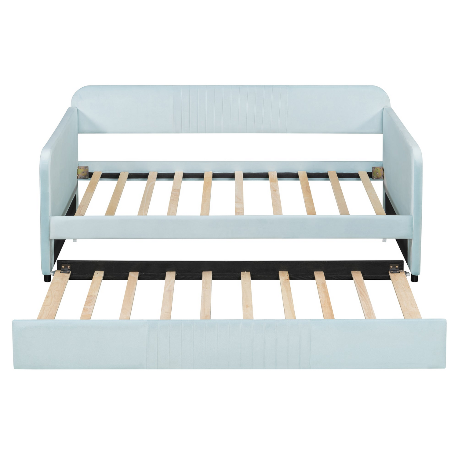 Start2Finish twin size upholstered daybed sofa bed with trundle and wood slat base, featuring plush fabric and supportive frame.