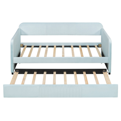 Start2Finish twin size upholstered daybed sofa bed with trundle and wood slat base, featuring plush fabric and supportive frame.